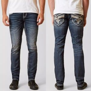 Men's Rock Revival Blue Jeans with Embroidered Pockets